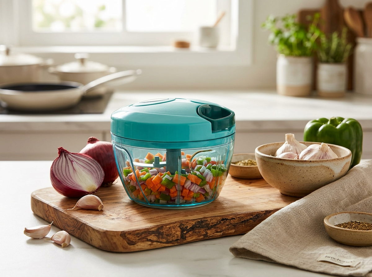 Vegetable chopper lifestyle in sunlit kitchen